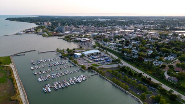 manitowoc harbor and marina drone photo inland