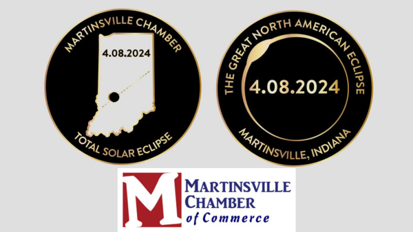 Souvenir eclipse coins, available from the Martinsville Chamber of Commerce at the downtown performance venue, during solar eclipse weekend. Engraved with date and location.