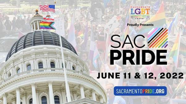 sacramento's capitol building flying a rainbow flag and american flag. Sac pride june 11 and 12 2022 sacramentopride.org