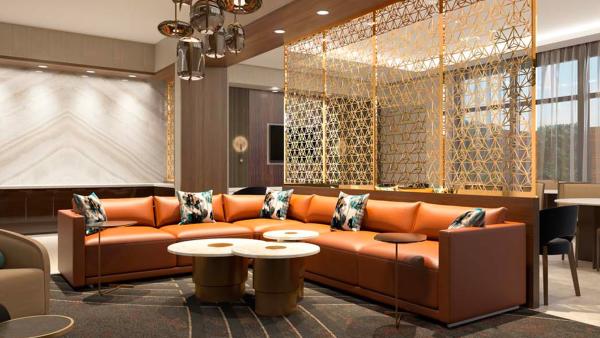 Hotel lobby with small tables