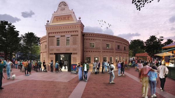 Rendering of exterior of Pearl Stable Hall