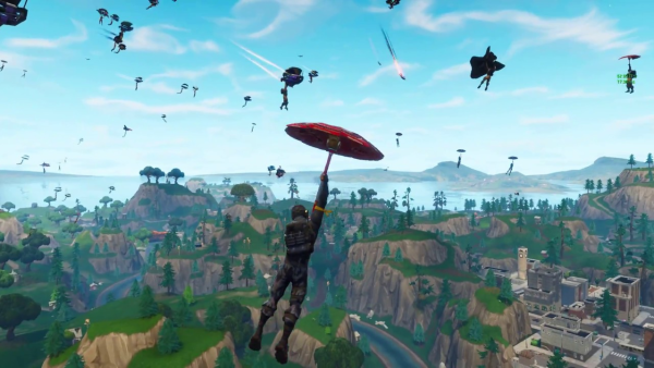Man parachuting into scene in Fortnite video game