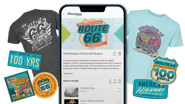 Route 66 Passport with Prizes. Featuring shirts and stickers.