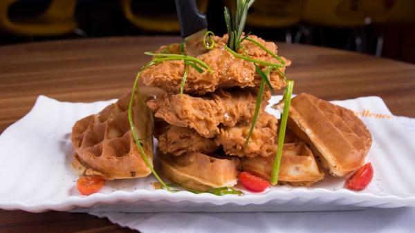 Fried chicken and waffles at Eggcellence Cafe