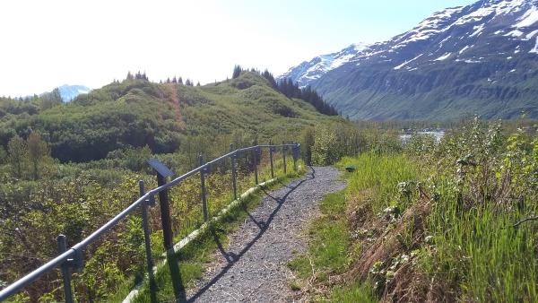 a gravel path with a metal railing on top of a hill