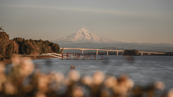 View Of Mt. Hood With A Bridge In The Foreground from Vancouver WA