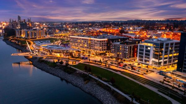 Aerial view of Vancouver Waterfront district at night