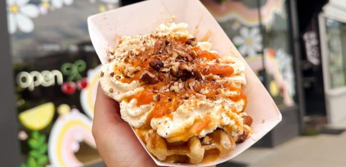 Photo of a pumpkin spice croffle outside of Urban Brew, a coffee shop on Morgan Street in Martinsville, Indiana.