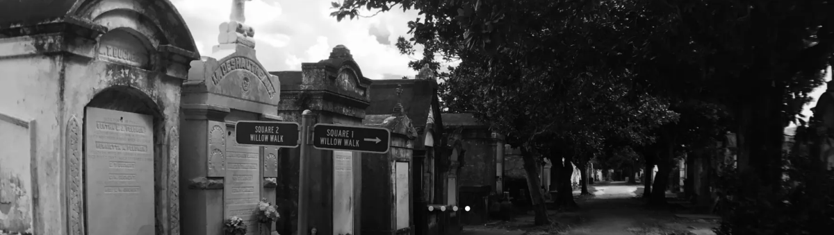 Black and white photo of a cemetery from Southern Ghost Girls