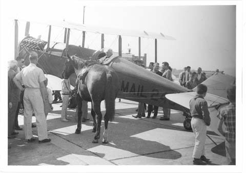 A biplane Air Mail carrier with a horse and people standing around it. The biplane has the words "Air Mail" painted on its side. The people standing around the biplane are dressed in early 20th century clothing.