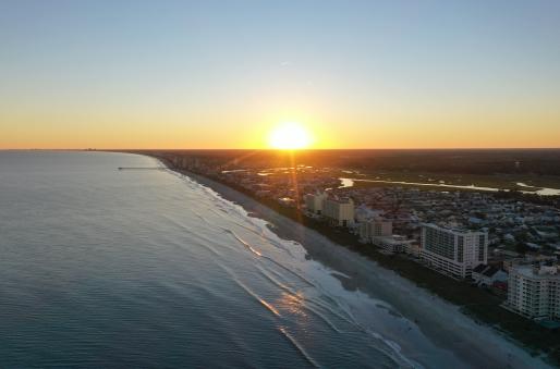 Aerial view of North Myrtle Beach at sunset.