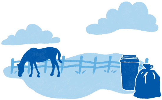 Graphic of blue horse grazing next to a fence with a coffee cup and trash bag