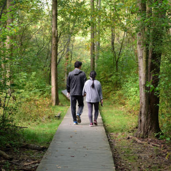Couple walking on wooden boardwalk trail through lush green forest in Summit Metro Parks, Akron, OH.