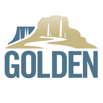 Visit Golden Logo gold and blue mountains and creek illustration with the world, Golden in blue
