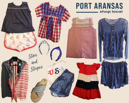 A collage with a tan background showcasing a variety of red, white, and blue outfits, from kid's clothes to headbands.