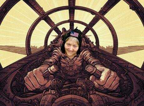 A woman's face is photoshopped into a photo of someone driving some sort of motorcycle or vehicle in a tube.