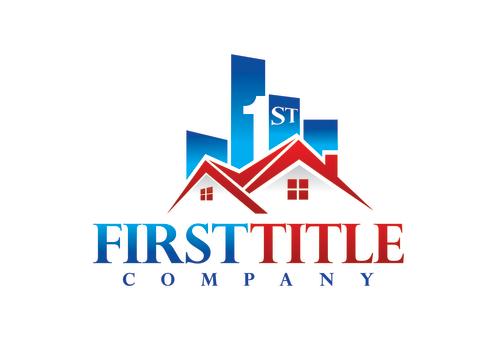 Red white and blue logo reading First Title Company with graphics of houses and skyscrapers