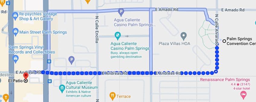 Digital map showing a section of Palm Springs with various points of interests, including Agua Caliente Casino, Agua Caliente Cultural Museum, Palm Springs Convention Center, and Renaissance Palm Springs Hotel, connected by a dotted route line along E Andreas Road.
