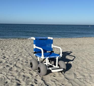 Free, first-come-first-served beach wheelchairs are available on Englewood Beach in Englewood, Florida, from 7:30 am until 3:30 pm.