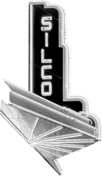 Black and white neon sign reading "SILCO" with vintage Art Deco design and bold lettering.