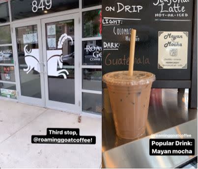 The main entrance and a cup of iced coffee from Coffee Trail stop number 3 at Roaming Goat.