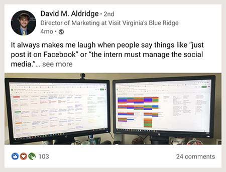 screen capture of David M Aldridge's LinkedIn post showing 2 computer screens with planning calendars