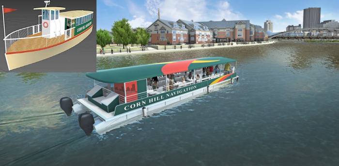 Concept drawing of Corn Hill neighborhood Tour Boat planned for Rochester, NY