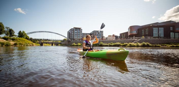 057 Kayaker on River Near Pablo Center at the Confluence in Downtown Eau Claire