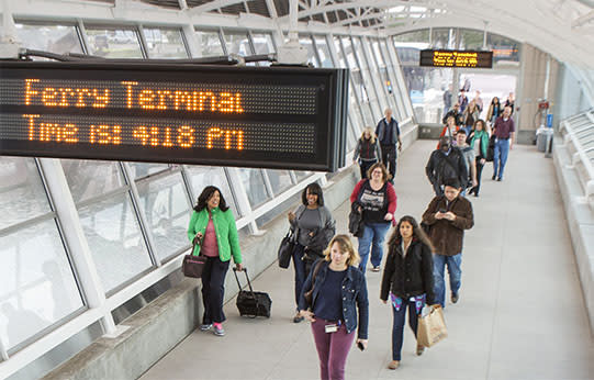 People in the San Francisco Ferry Terminal in South San Francisco
