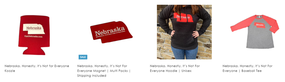 items for sale with Nebraska logo- koozie, sticker, hoodie, baseball tshirt
