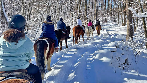 A line of horseback riders travels through a snowy forest trail, surrounded by tall trees at Rocking Horse Ranch.