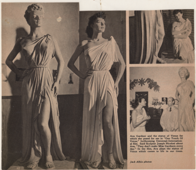 Magazine clipping showing Ava Gardner posing with statue made of her for One Touch of Venus.