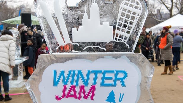 An ice sculpture at the entrance to Central Park's Winter Jam