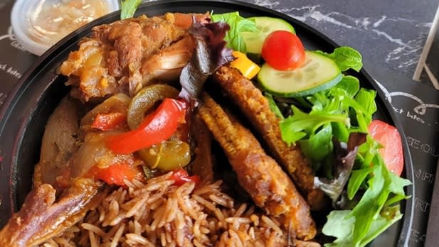 A plate of food at GingerBites Haitian Bistro in  Huntington Station