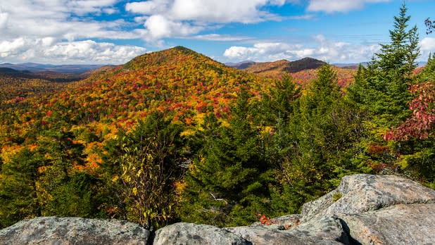 View of vibrant fall foliage looking southwest from Castle Rock in New York's Adirondacks