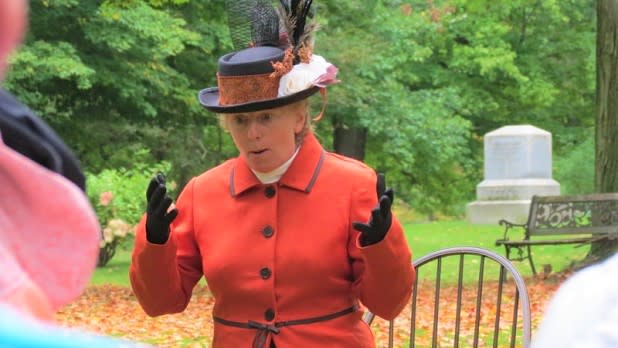 A costumed actor relates the story of one of the inhabitants of Lake View Cemetery in Jamestown on the Fenton History Center's Saints and Sinners Walking Tour