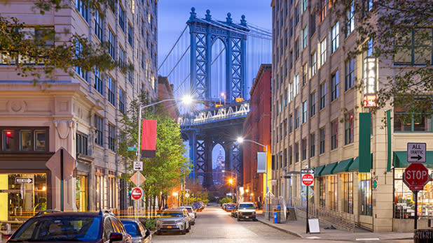 A view of the Manhattan Bridge from the street in DUMBO, Brooklyn