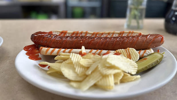 A hot dog topped with ketchup on a white plate with a side of chips and pickles at Shirley's Diner in Saratoga Springs