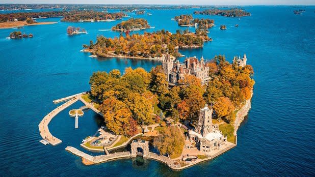 Aerial view of Boldt Castle on Heart Island on a sunny day