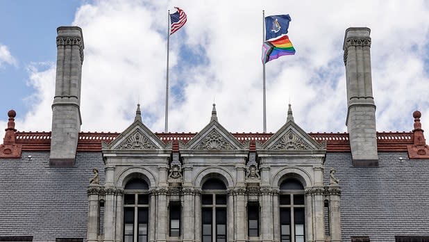 Progressive Pride flag is raised at the Empire State Plaza in Albany