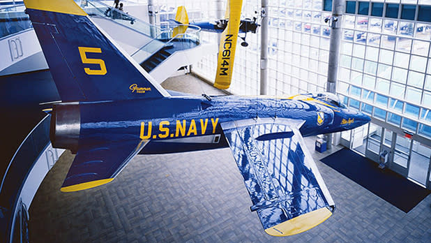 A blue and yellow Blue Angel U.S. Navy Plan at the Cradle of Aviation Museum in Garden City, Long Island