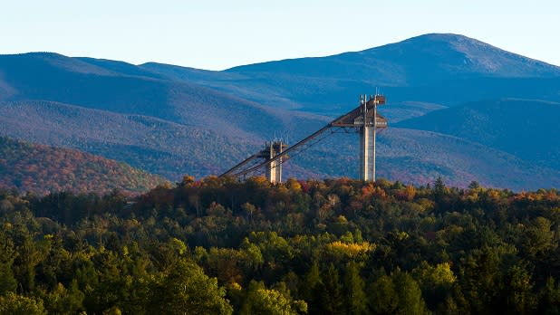 View of ski jump at Olympic Sports Complex in fall