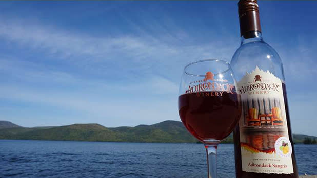 Bottle and glass of Sangria from Adirondack Winery in Lake George, NY.