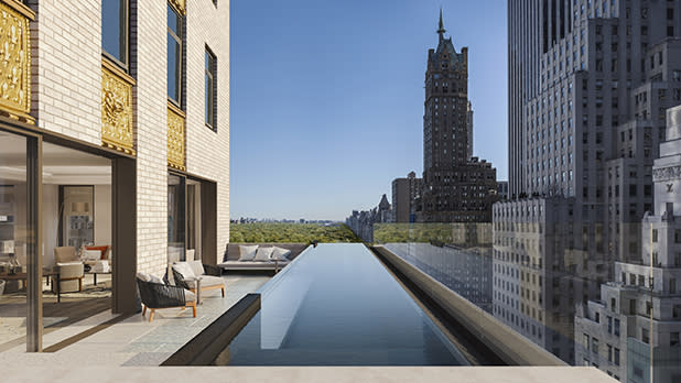 Aman New York hotel rendering of a rectangular swimming pool on a terrace overlooking Central Park