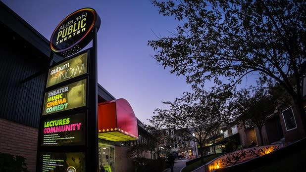 Exterior of the Auburn Public Theater at night