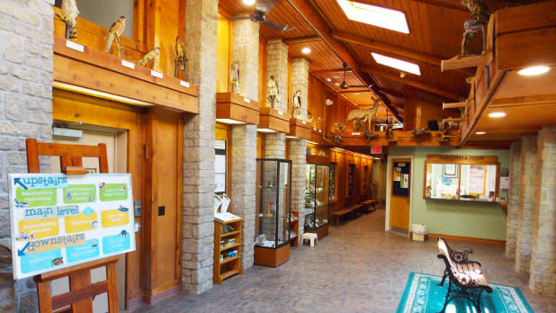 Inside the nature center with exhibits and Wildlife observation windows