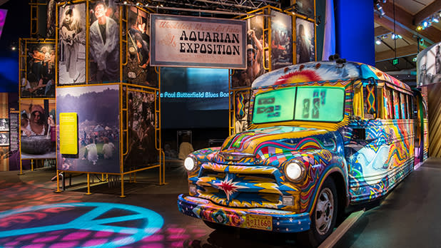 School bus painted in psychedelic colors at The Museum at Bethel Woods.