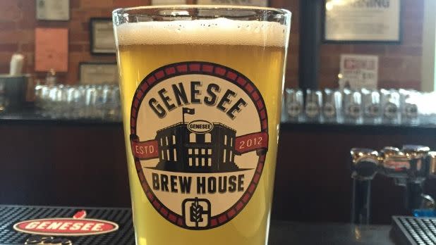 Glass of beer on bar at Genesee Brew House, Rochester, New York