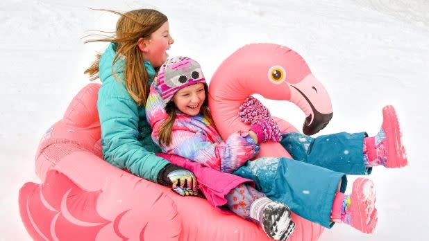 Two girls sled down a hill in a pink flamingo pool tube