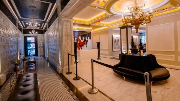 The marble-floor, opulent lobby of the Curtiss Hotel